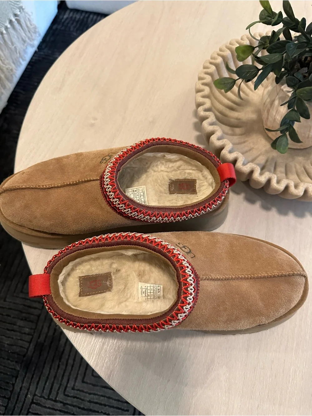 UGG Chestnut Suede Mule Slippers with Red Trim
